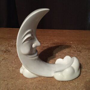 VINTAGE FITZ & FLOYD WHITE CERAMIC PORCELAIN MOON WHIMSICAL TEA LIGHT CANDLE HOL